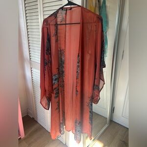 Source Unknown Sheer Coral Kimono with Black Floral Trim